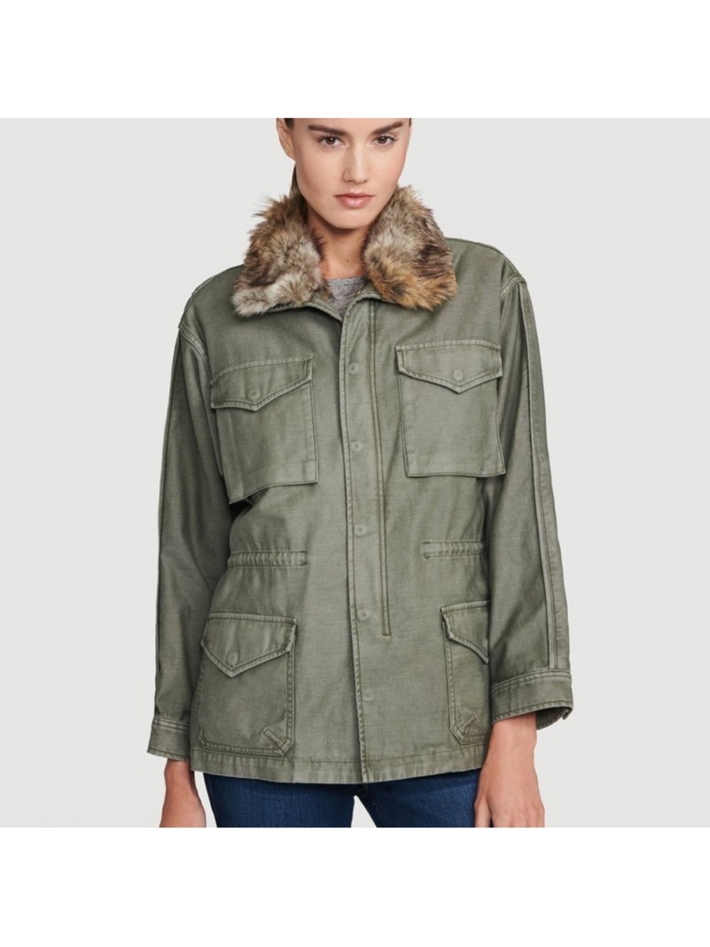 FRAME Faux-Fur Collar Utility Jacket - Olive
